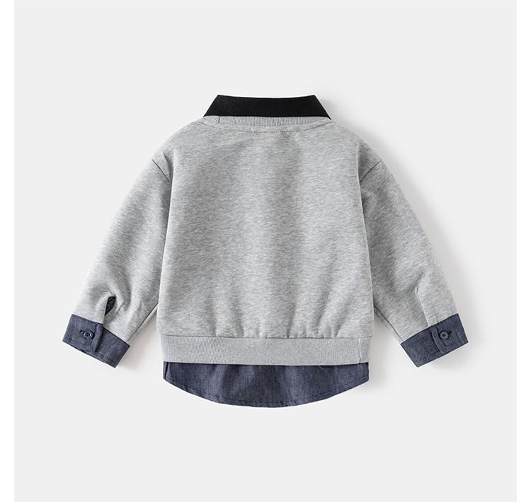 Kids Boy Autumn Long Sleeve Polo Neck Toddler Sweatshirt Contrast Collar Cuff Hem Fake Two - Piece Pullover2