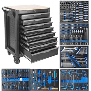 JOMAFA Carro de Taller 8 cajones con Herramienta y Bandeja de Madera, 6 MODULOS EVA Azul