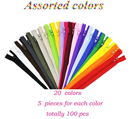 100 Pieces Nylon Coil Zippers, 9 Inch Colorful Sewing Zippers Supplies for Tailor Sewing Crafts(20 Assorted Colors)