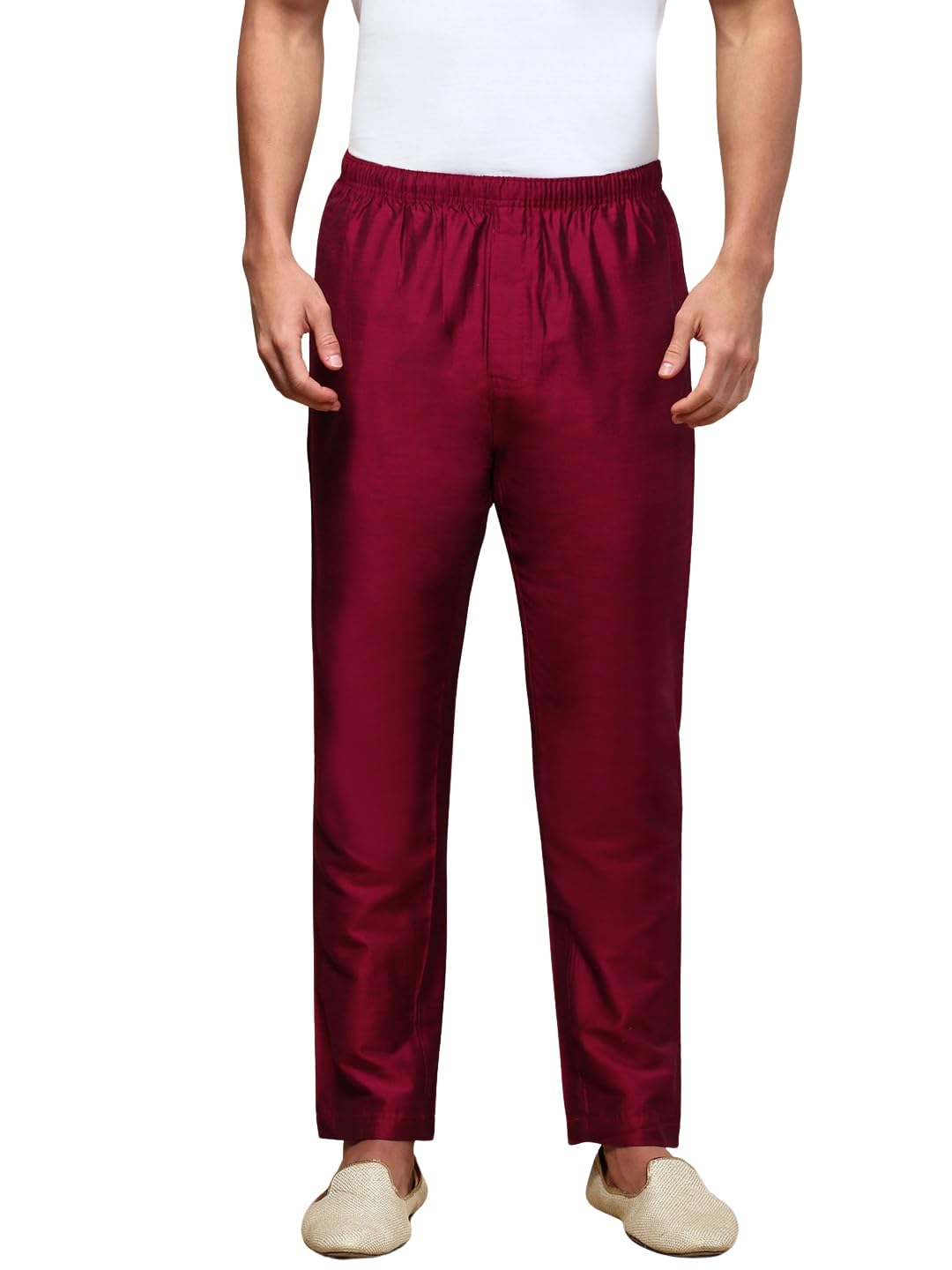Mens Viscose Blend Salwar Pyjama Pant | Elasticated Waistband with Inner Drawstring, Button Closure, Side Pockets| Regular Fit Ethnic Wear Churidar Pajama (Burgundy; M)-image-24