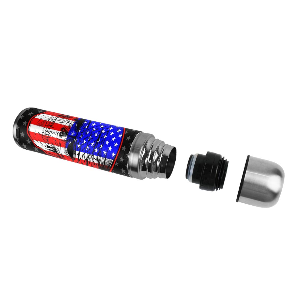 Thermosflasche, Vakuum-isoliert, Edelstahl, doppelwandig, auslaufsicher, Totenkopf-Motiv, USA-Stern-Flagge, personalisierbar, bedruckt, echtes Leder, 500 ml