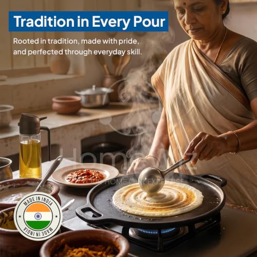 Image of HomeWiz Cast Iron Non Stick Dosa Tawa 30 cm | Free Oil Dispenser 500ml | Pre-Seasoned Cast Iron Tawa for Roti & Dosa | Big Size Cast Iron Dosa Tawa | Lifetime Usage | Works on Induction & Gas Stove