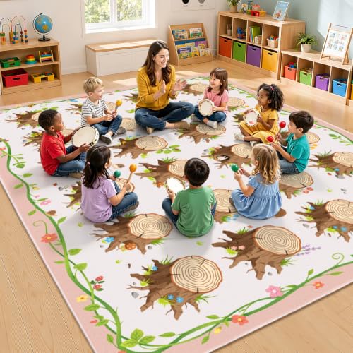 Classroom Rug 7.6x12, Large Classroom Carpet, Vine & Tree Stump Pattern