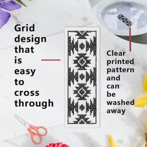 Image of INFUNLY 6pcs Aztec Print Cross Stitch Bookmark Kit for Beginners DIY Vintage Geometry Embroidery Bookmark Kits Black White Needlepoint Kit with Instruction Easy Cross Stitch Set for Book Lovers Reader