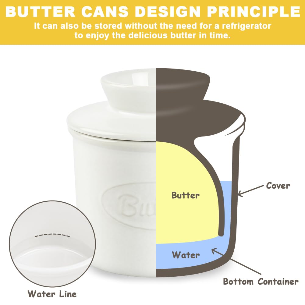 Vicloon Französischer Buttertopf, Französische Butterdose mit Deckel, Butterdoses Wassergekühlt mit Wasserlinie, Butterglocke mit Messer Buttertopf für Frische Streichfähige Butter - White