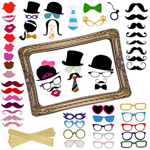 59 Stück Foto Requisiten - Fotobox Accessoires Aufblasbarer Fotorahmen Fotorequisiten Hochzeit PartyzubehöR, Geburtstag Aufblasbar Set mit Pailletten Glitzer für Party Feste Hochzeit Karneval