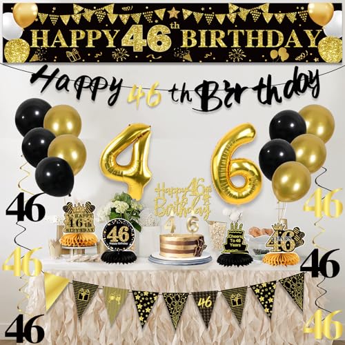Image of 46th Birthday Decorations for Men, Black Gold 46th Party Decoration Kits | 27pcs Happy 46th Birthday Set, Banner, Honeycomb, Balloons, Gold Number, Candle, Hanging Swirls, Cake Topper, Party Supplies