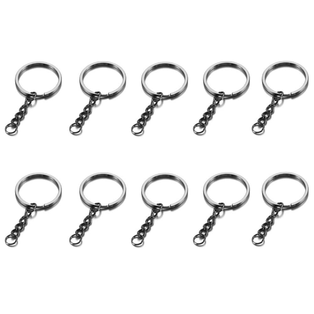 GIVBRO 10pcs Key Rings Keychain Rings Round Splits Key Ring with Chain - Keyring Key Chain for DIY Crafts Jewelry Pendant Making Black, 25mm