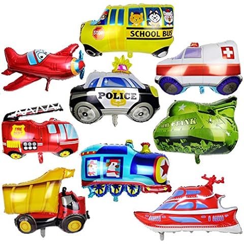 9pcs Transport Vehicles Foil Balloon Giant Foil Balloons Plane Train Police Car School Bus Yacht Fire Truck Car Themed Kids Birthday Party Decoration Supplies Cover
