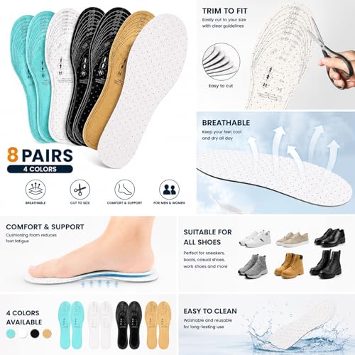 Image of 8 Pairs Breathable Shoe Insoles Inserts for Men Women, Double Layer Latex Foam Cushioning Insoles, Perforated Trim-to-Fit Replacement Shoe Inserts for Walking, Running, Work(Black, White, Brown,Green)