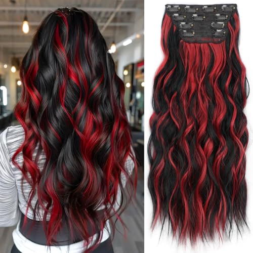 KooKaStyle Hair Extensions Black Mix Red Highlights 1B/113Clip in Synthetic Highlight Hair Extensions Long Wavy 4PCS Thick Hairpieces 20 Inch for Women