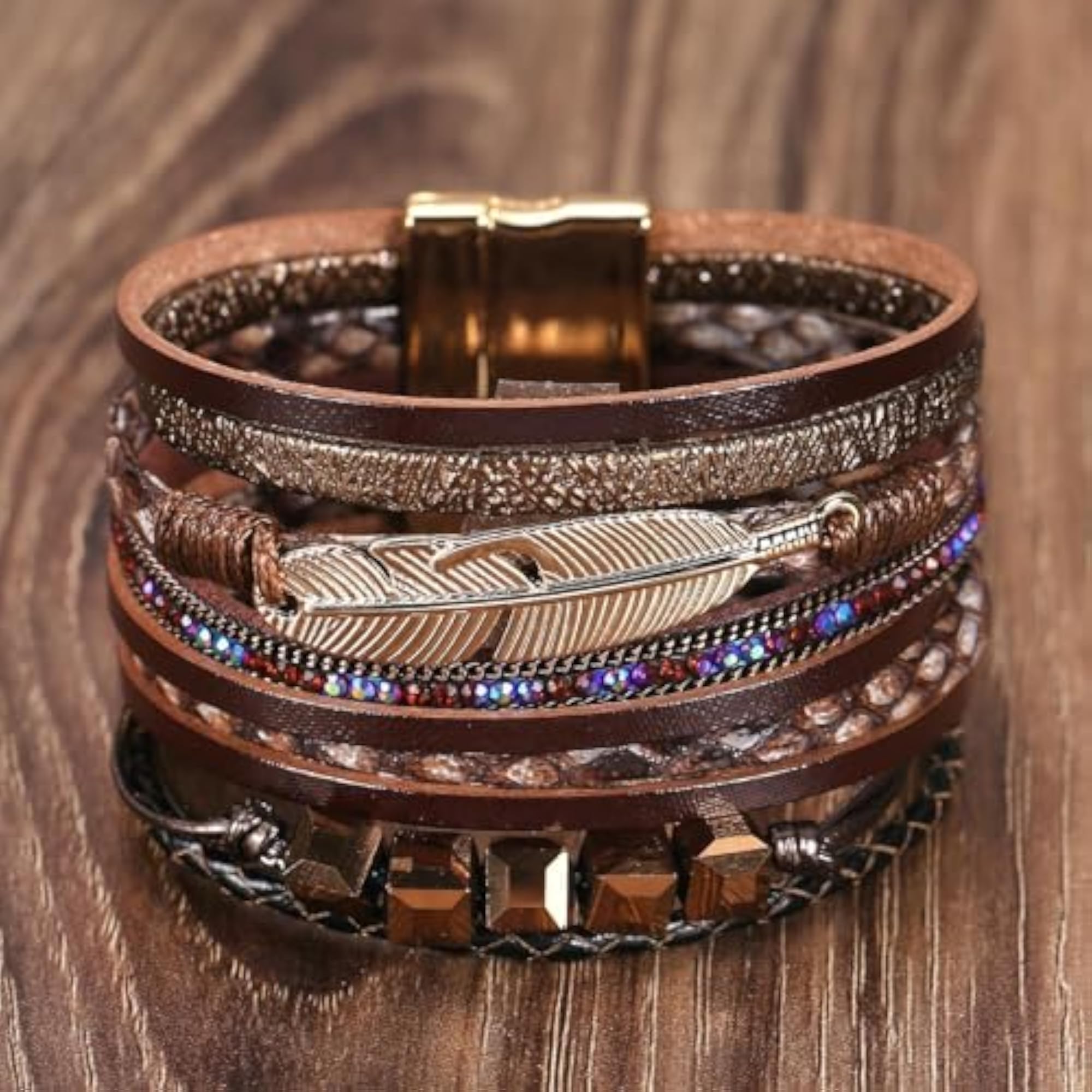 Women's Boho Leather Wrap Pearl & Crystal Bracelet