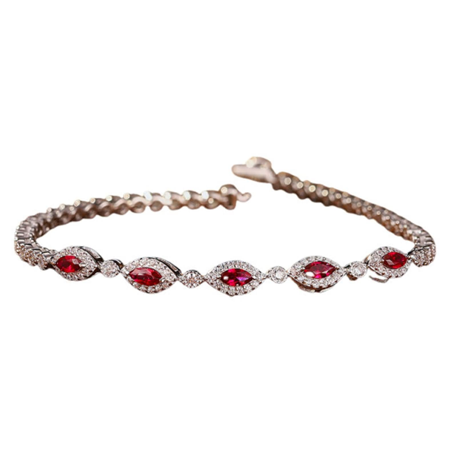 Pulsera de Oro Blanco 9 K / 14 K / 18 K Mujer, Marquesa con Rubí Creado de 0,75 ct y Moissanita, Cadena 16 CM, Pulseras Mujer de Plata Rojo