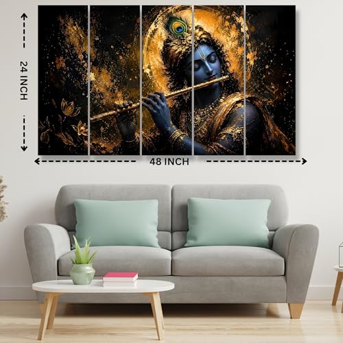 Image of Nozvera Lord Krishna Playing Flute 5 Panel Wall Painting | UV Printed on 7mm Premium MDF Board | 48x24 Inch Large Wall Art for Living Room Bedroom Pooja Room | Antifade Waterproof Home Decor Gift