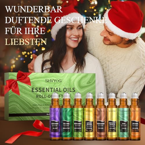 Ätherischen Ölen Roll On Geschenkset 8x10ml, Natürliche Aromatherapie Öle, Lavendel, Teebaum, Bergamotte, Weihrauch, Hilft beim Einschlafen, Stress, Geschenk für Frauen Männer