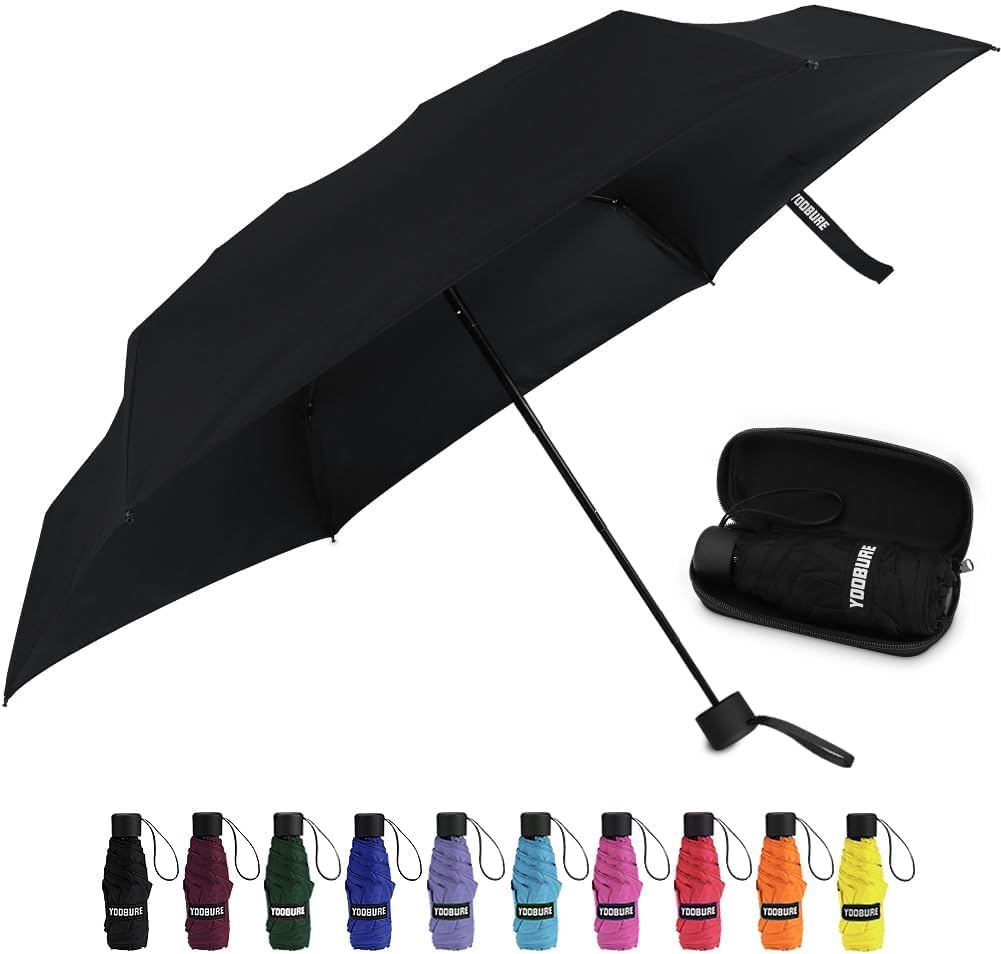 Yoobure Small Mini Travel Umbrella in black, open and folded in its case.