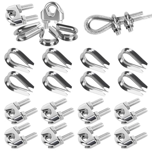 Prmape 16 Pezzi Morsetti per Cavo Acciaio, 8pcs Morsetti per Filo Stendibiancheria 8mm, a Forma di U Morsetti per Fune Metallica e 8pcs Ditale Cavo Acciaio per Fune Metallica 8mm