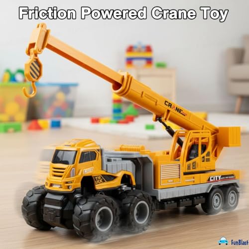 Image of FunBlast Friction Powered Crane Toy Truck - 1:43 Scaled Model Metal Engine Truck Toys, Vehicle for Kids with Rotating Boom & Hook, Engineering Toy for Boys (Multicolor)