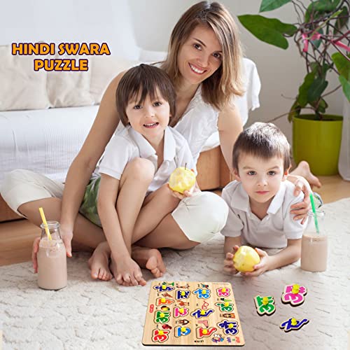 Image of Lefan Hindi Vowels Wooden Puzzle - Montessori Educational Board for Kids Ages 3-6 - Learn Hindi Swar with Chunky Letters - Early Learning Toy
