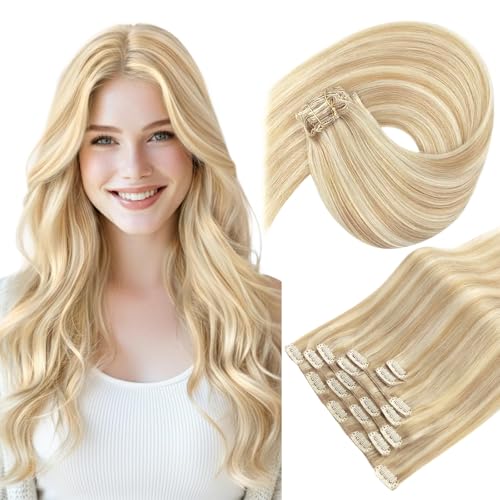 Image of Sunny Hair Clip in Hair Extensions Real Human Hair Blonde Highlights | 24 Inch Remy Hair Extensions Clip in Human Hair Strawberry Blonde with Long and Full Hair with Soft Texture 120g