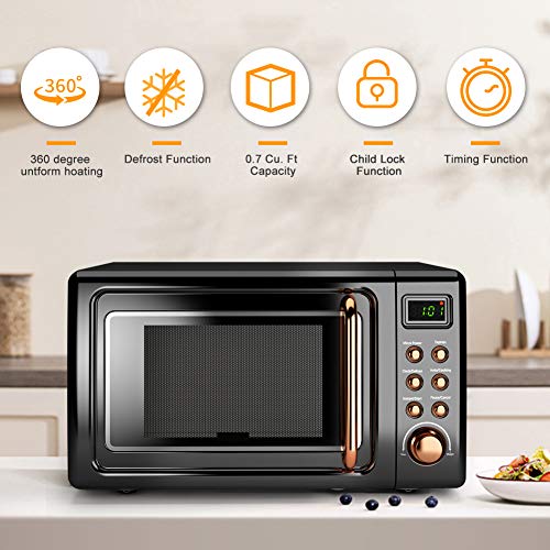 Retro Microwave Oven,Safeplus 0.7Cu.ft, Countertop 700W Microwaves with Cold Rolled Steel Plate 5 Micro Power Defrost & Auto Cooking Function LED Display Glass Turntable and Viewing Window Child Lock