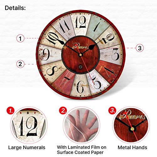 Taheat Colorful Red Roulette Wall Clock, 14 Inch Arabic Numeral Silent Non-Ticking Vintage Clocks, Wooden Round Indoor Wall Clocks For Dining Room/ Kitchen/ Bedroom #TOP2