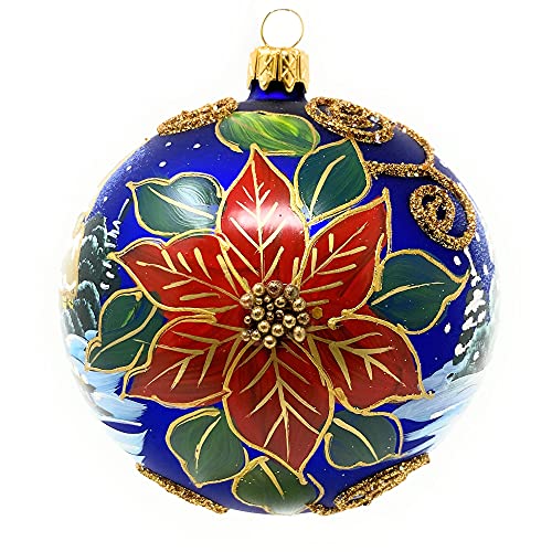 Polish Gallery Christmas Ornament, Wintry Day with Red Poinsettia, Blown Glass Ball (Navy Blue, 120mm)