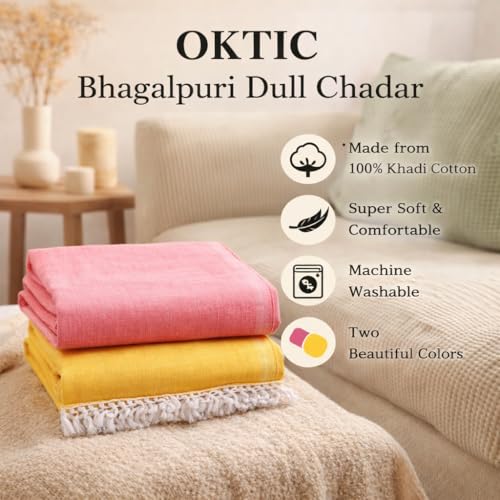 Image of OKTIC Bhagalpuri Dull Chadar Combo Pack Set of 2, Odhne Wali Top Sheet | Pure Cotton & Breathable Handloom Chadar Material, Tussle Border, Solid Single 230 x 130 cm (Peach Yellow)