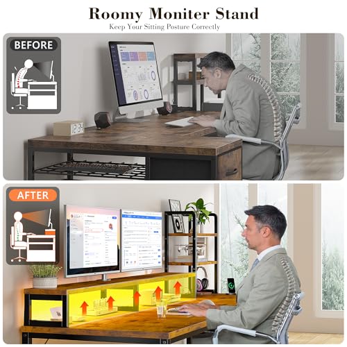 Image of EnHomee 44 Inch Computer Desk with Hutch and Drawers,Reversible Home Office Desk with Monitor Shelf,Small Gaming Desks with USB Power Outlets,Writing Table for Office with LED Lights,Rustic Brown
