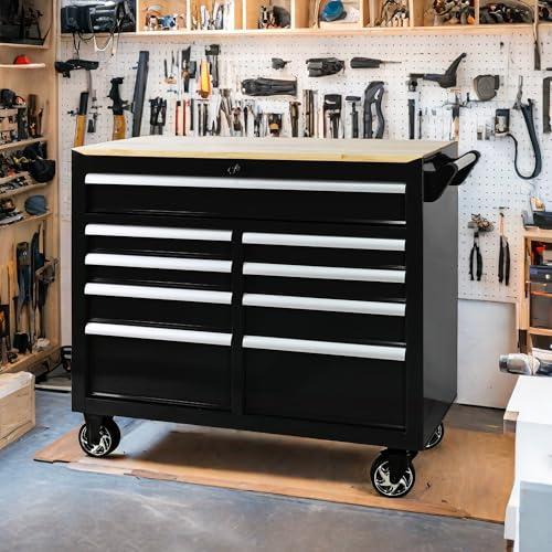 HFYee Rolling Tool Chest Tool Box with Wheels Tool Cabinet Portable Tool Box with Wheels Craftsman Tool Box 9 Drawers Multifunctional Tool Cart with Wheels and Wooden Top, Black