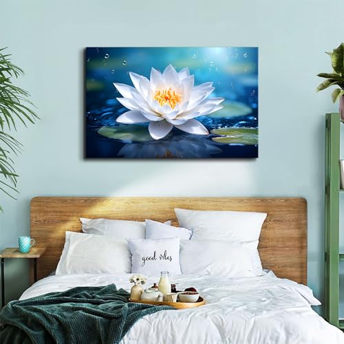 Image of Large Wall Art White Blossom Lotus Flower Wall Decor for Bathroom Blue Relax Meditation Zen Yoga Room Decorations 32x48 inch Nature Flower on Water Pictures Canvas Prints Spiritual Painting Framed Artwork