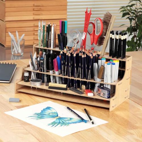 Image of HG Art Concepts Mezzo Artist Drawing Rack, 15 Pack - Wood Grain Laminate Multi Layer Desk Stand Professional Storage Display Organizer for Pens, Pencils, Drafting and all other Drawing Tools