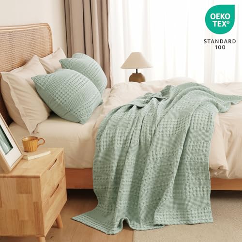 Image of PHF 100% Cotton Waffle Throw Blanket for Couch, Lightweight Breathable and Soft for Summer, Luxury Aesthetic Waffle Weave Blanket for Home Decor & Office, Gifts for Women, 50 inchx60 inch, Mint Green