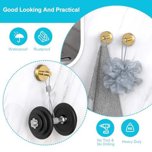 Image of HUFEEOH Shower Suction Hooks for Inside Showers, Gold L-Shape, 4-Pack | Towel Holders for Bathroom Walls, with Separate Hanging Spots on Smooth Glass, Tile, Mirror, Or Marble for Robes And Loofahs
