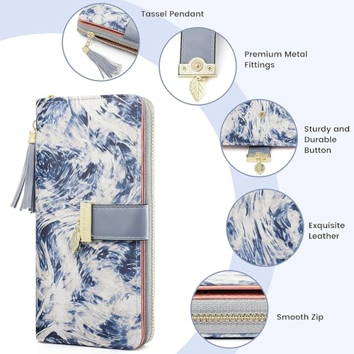 Image of Pomelo Best Womens Wallet RFID Blocking Wallet for Women Bifold Large Capacity Card Holder Ladies Long Purse with ID Window Zipper Coin Pocket Mist Blue
