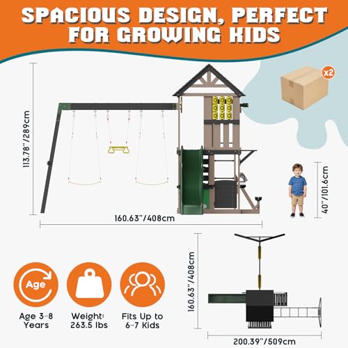 Albott Wooden Swing Set for Kids, Large Outdoor Wood 11-in-1 Playhouse with Wave Slide, Swings, Climbing Wall, Ladder & Monkey Bar, Backyard Playground for Ages 3–8, 200\" D x 161\" W x 114\" H