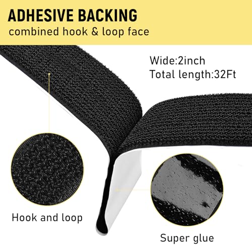 Butie 2in x 32ft Hook and Loop Tape with Adhesive, Heavy Duty Self-Gripping Hook and Loop Strips with 20 Metal Buckles, Multi-Purpose Wrap Roll for Home Office School and Car