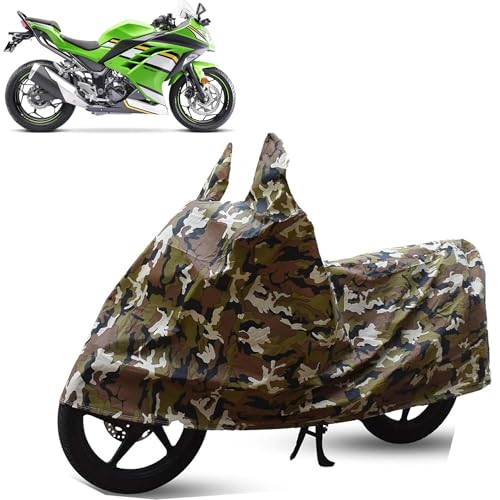 Image of Sulfar Bike Cover for Kawasaki Ninja 300 (Sports Faired) | Waterproof, Dustproof & UV Protected | All Weather Two Wheeler Cover (Army Green) New 2026 Variants