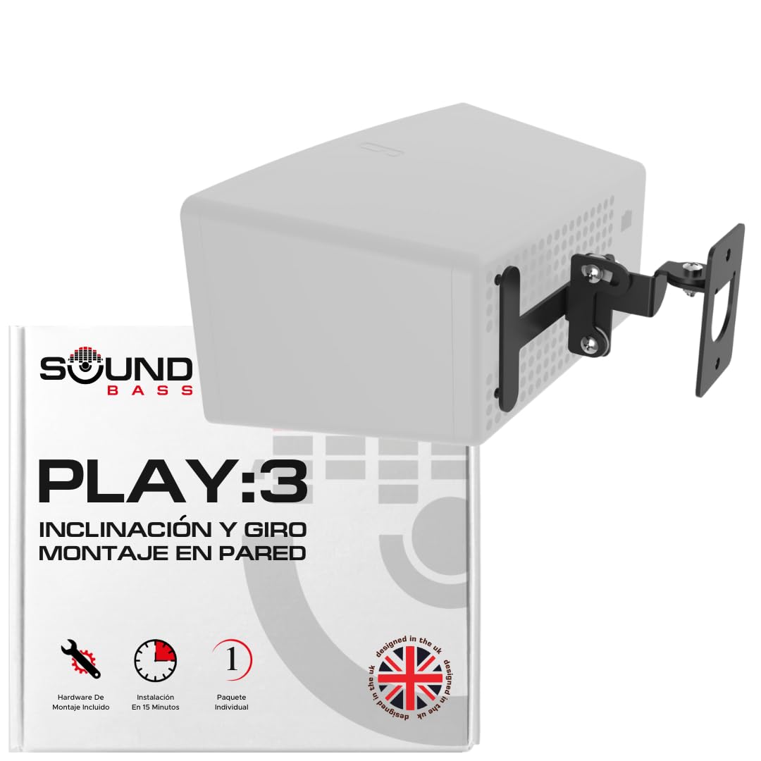 Play 3 Montaje de Pared, Ajustable con Mecanismo de Giro e inclinación, Soporte de Pared Compatible con Sonos Play:3 con Accesorios de Montaje, Negro, Paquete Individual, diseñado en el Reino Unido