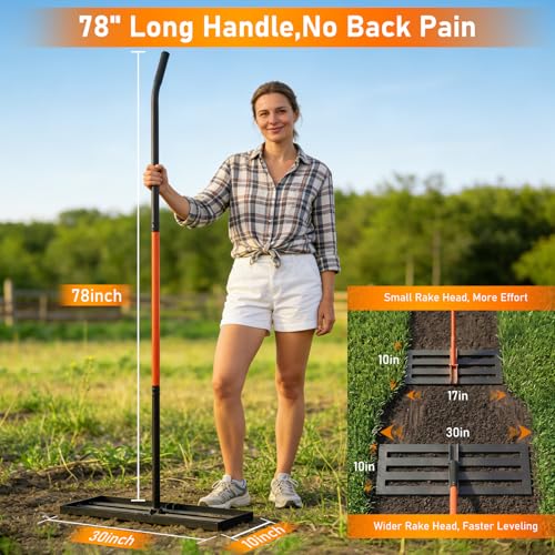 Lawn Leveling Rake, 30"x10" Leveling Rake with 78 Inch Adjustable Handle, Stainless Steel, for Backyard, Garden, Golf Course, Farm ＆ Pasture, Professional Lawn Care Tool - Orange — view 4