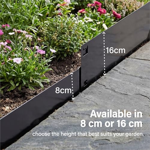 Greenera 5M Lawn Edging Border, Galvanized Steel Garden Edging Strip, Flexible Lawn & Pathway Metal Edging Border For Landscaping, Easy To Install - 8Cm Face Height, Black - 6