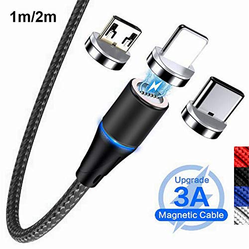 UGI Câble de Chargeur de téléphone magnétique 3 en 1 3A Charge Rapide et synchronisation des données Cordon tressé en Nylon 1M/2M pour Micro USB,Type C/USB C,iPhone,Tous Les appareils téléphoniques