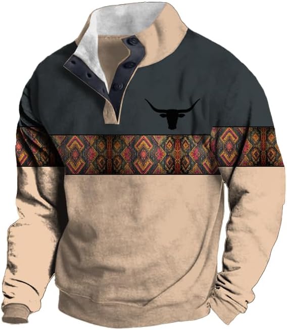 Retro Long Sleeve Sweatshirts for Men Fall West Cowboy Country Aztec Bull Print Stand Collar Button Pullover