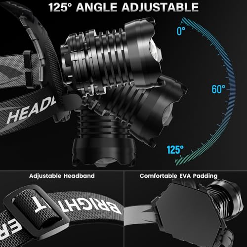 Image of AKNEAR Rechargeable LED Headlamp Super Bright, 99000 High Lumens Head Lamp Zoomable, 25Dys+ Runtime & 12 Mode & Lightweight Comfort & 125 Adjustable Waterproof Head Light for Outdoor