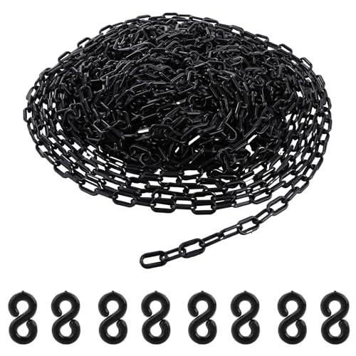 GBACHOOSE Plastic Chain Links, 30m x 6mm Chain Link Fence with 30 Pcs S Buckle, Black Plastic Chain Barrier for Crowd Control, Traffic, Queuing Line