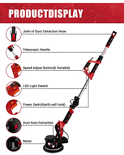 Silvel Drywall Sander, 1000W Electric Drywall Sander With Vacuum, 6 Variable Speed Drywall Sander, 500-1900Rpm Wall Sander With 20 Pcs Sanding Discs, 14 Ft Extendable Hose, Led Light, Storage Bad, Red #TOP3