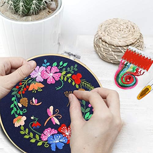 Pllieay 2 Sets Full Range of Embroidery Starter Kit Including 2 Embroidery Clothes with Floral Pattern, 2 Bamboo Embroidery Hoops, Color Threads and Tools