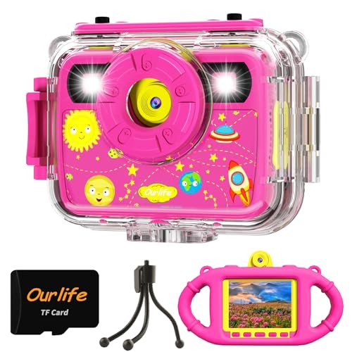 Ourlife Kids Underwater Camera,Waterproof Cameras Toys for Toddler,1080P 2.4'' Large Screen Cam Digital Camera with 8GB Card,Fill Light,Christmas Birthday Gift for Girls Ages 3-12 (Pink)