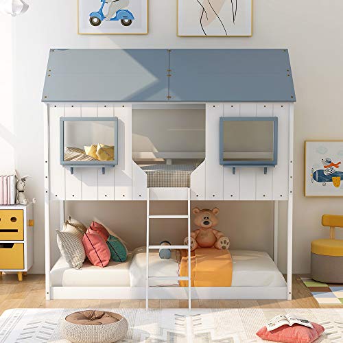 Flieks Twin Over Twin Wood Bunk Bed With Roof, Window, Guardrail, Built-In Ladder Wood House Bed/Low Toddler Bunk Bed For Kids, Teens, Easy Assemble #TOP9