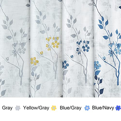 Beauoop Floral Semi Sheer Curtains 84 Inch Length For Living Room Bedroom Farmhouse Botanical Leaf Printed Rustic Linen Textured Panel Drapes Rod Pocket Window Treatment, Set Of 2, 50" W, Blue/Gray #TOP6
